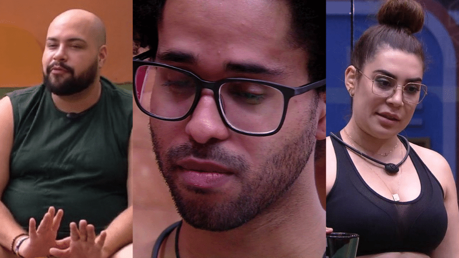BBB 22: Tiago conversando, Luciano chorando e Naiara Azevedo na cozinha - Reprodução/Globoplay