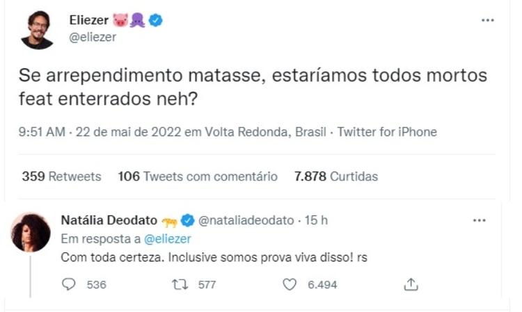 Eliezer e Natália, do BBB22, se alfinetam em rede social - Reprodução/Twitter - Reprodução/Twitter