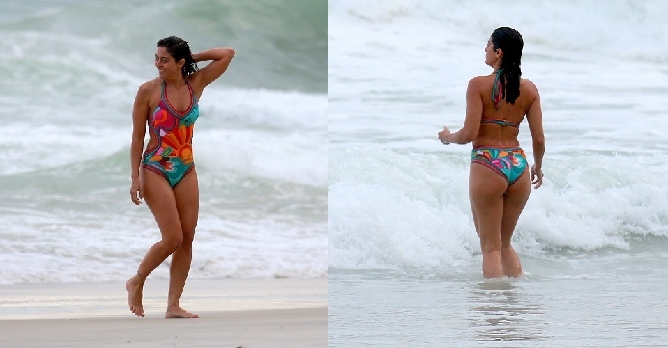 15.mar.2016 - Carol Castro desfilou sua boa forma, elogiada pelo público na estreia de "Velho Chico", na praia da Joatinga, no Rio, nesta terça-feira (15). Na novela das 21h, a atriz interpreta a cantora Iolanda - Dilson Silva /AgNews