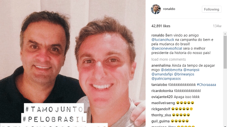 Ex-jogador Ronaldo também sofreu com críticas de internautas em foto de Huck e Aécio - Reprodução/Instagram - Reprodução/Instagram