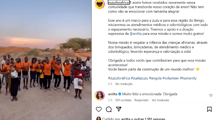 Anitta agradece carinho de crianças da ONG Zuzu for África