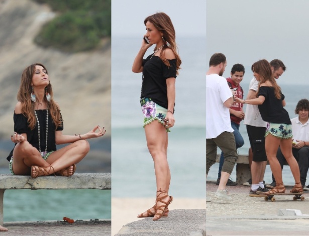 3.jul.2015- Sabrina Sato medita e anda de skate em gravação na praia do Recreio dos Bandeirantes, zona oeste do Rio