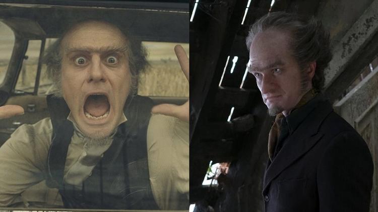 As duas versões do Conde Olaf: Jim Carrey viveu o vilão no filme, e Neil Patrick Harris na série - Divulgação/Montagem UOL - Divulgação/Montagem UOL