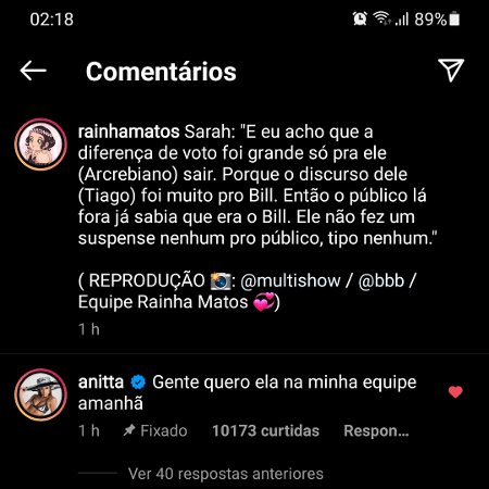 BBB 21: Anitta comentou a publicação de um Instagram sobre vida dos famosos - Reprodução/Instagram - Reprodução/Instagram