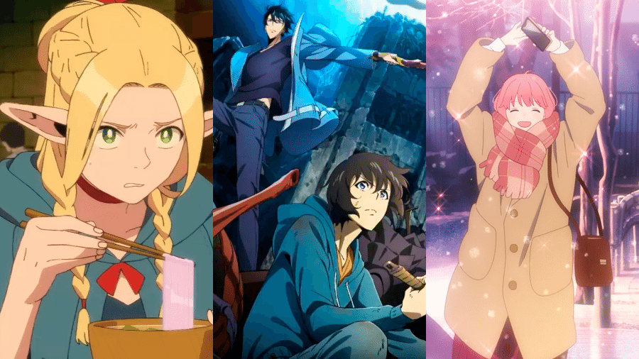 Cenas dos animes "Dungeon Meshi", "Solo Leveling" e "A Sign of Affection" - Montagem: Reprodução/TRIGGER/A-1 Pictures/Ajia-do Animation Works