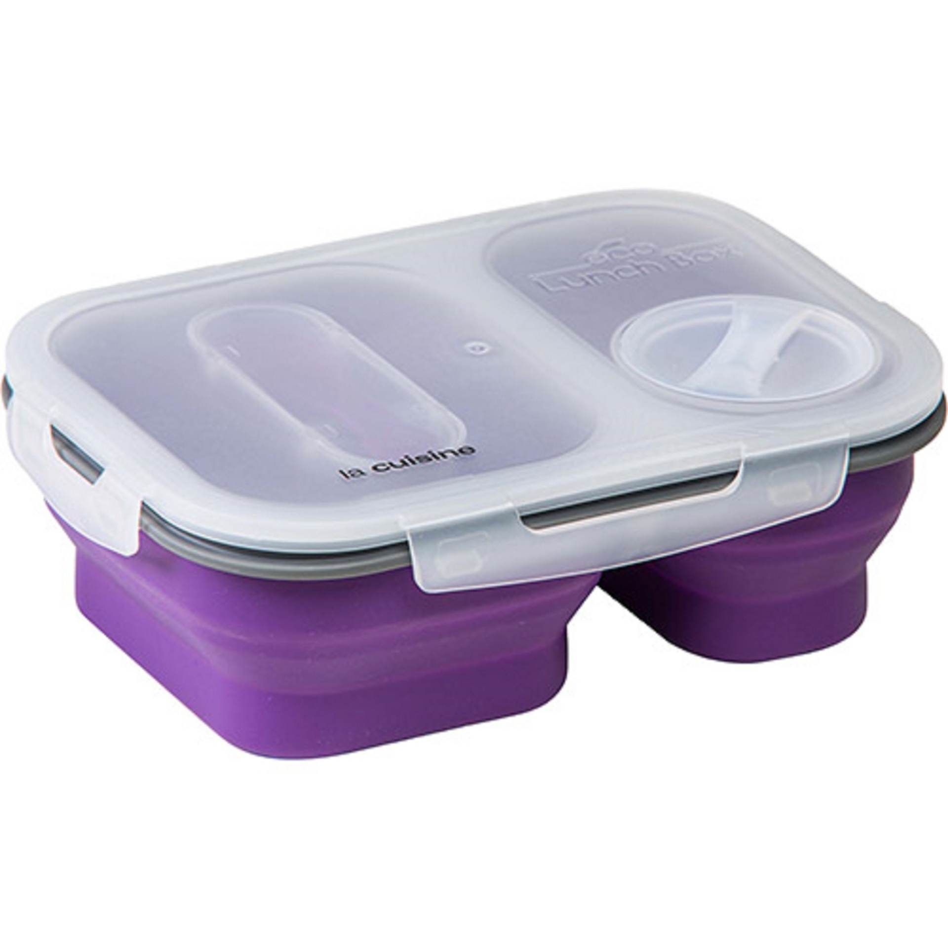 O pote retrátil da La Cuisine é feito de silicone e conta com duas divisórias, sendo uma delas para molhos e outros líquidos, com fechamento do tipo rosca. Com capacidade para 1,13 l, a marmita vem com uma colher e custa R$ 39,90, no Shoptime (www.shoptime.com.br) - Divulgação