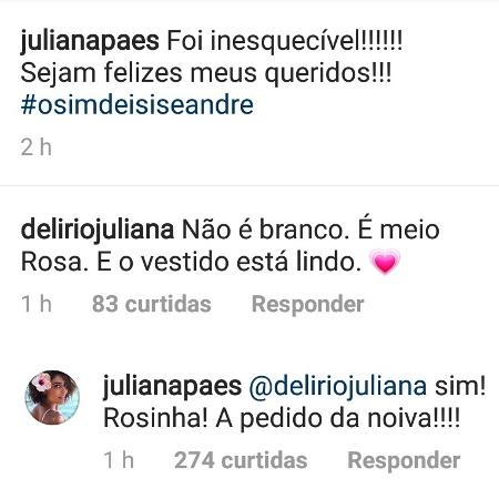 Juliana Paes esclarece que o vestido usado por ela no casamento de Isis Valverde é rosa - Reprodução/Instagam/julianapaes - Reprodução/Instagam/julianapaes