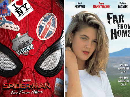 Pôster de "Homem-Aranha: Longe de Casa" (2019) e pôster de "Bem Longe de Casa" (1989) - Reprodução/Montagem