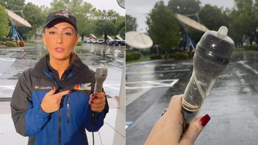 A jornalista Kyla Galer põe a camisinha no microfone quando está ao ar livre durante a passagem do furacão Ian - Reprodução/Instagram
