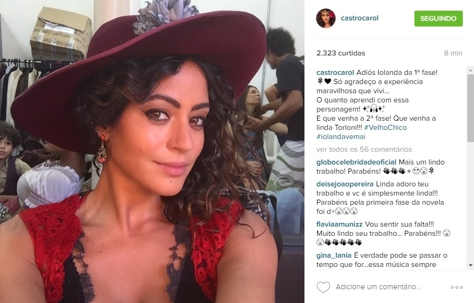 11.abr.2016 - Carol Castro, que foi um dos grandes destaques da fase inicial de "Velho Chico", se despediu da personagem em suas redes sociais na noite dessa segunda-feira (11). A novela inicia a nova fase após 28 anos e quem assume a personagem é Christiane Torloni. "Adiós Iolanda da 1ª fase! Só agradeço a experiência maravilhosa que vivi... O quanto aprendi com essa personagem! E que venha a 2ª fase! Que venha a linda Torloni!!!", escreveu - Reprodução/Instagram castrocarol