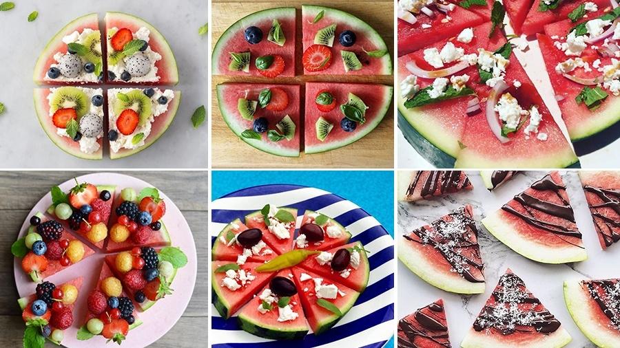 Adeptos da alimentação saudável, internautas fazem --e postam-- pizza de melancia com cobertura de frutas como banana e maçã - Reprodução Instagram/Montagem