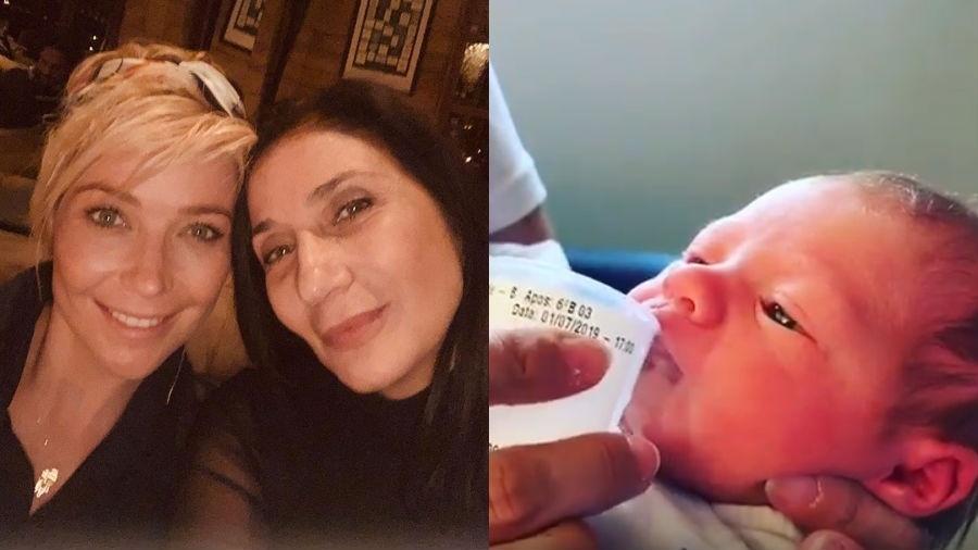 Luiza Possi com a mãe, Zizi Possi, e seu filho recém-nascido, Lucca, sendo alimentado por enfermeira - Reprodução/Instagram