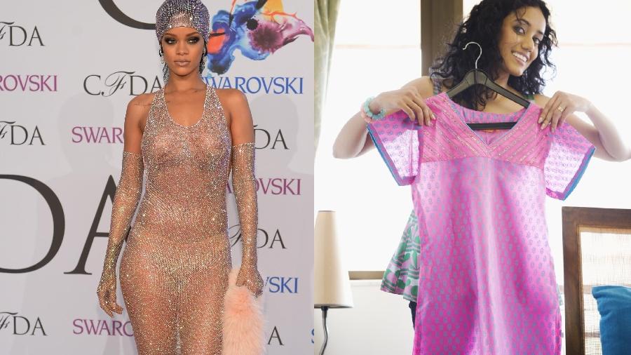 "Naked dress" de Rihanna pode ser uma inspiração para você incorporar transparência no seu visual do dia a dia - Montagem: Dimitrios Kambouris/Getty Images e Gety Images