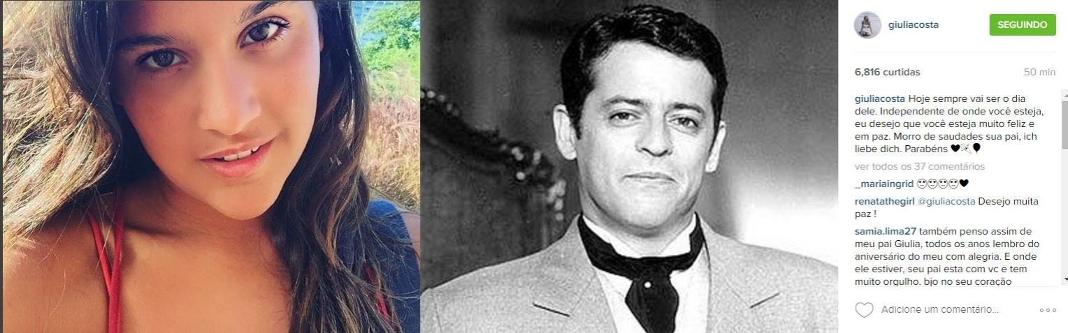 1.mar.2016- Filha de Marcos Paulo com Flávia Alessandra, Giulia Costa escreve uma mensagem em homenagem ao pai, que completaria 65 anos nesta terça-feira: "Hoje sempre vai ser o dia dele. Independente de onde você esteja, eu desejo que você esteja muito feliz e em paz. Morro de saudades sua pai, Te amo. Parabéns", escreveu a atriz. O diretor morreu em 2012, aos 61 anos, de embolia pulmonar. Ele foi diagnosticado com câncer no esôfago em maio de 2011 - Reprodução/Instagram/Giulia Costa