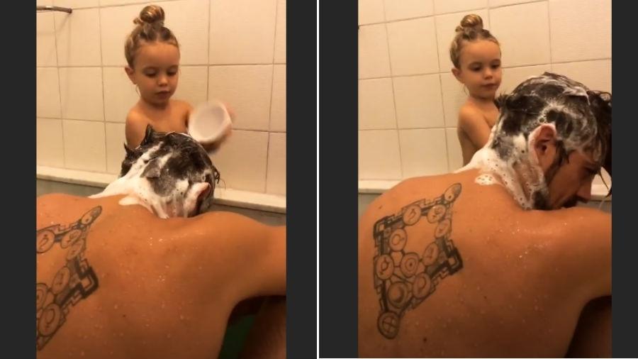 Filha de Rafael Cardoso "lava" o cabelo do pai - Reprodução/Instagram