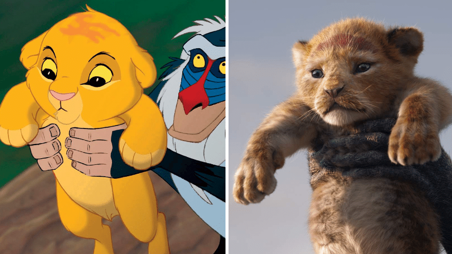 O nascimento de Simba no desenho e na nova versão de O Rei Leão - Reprodução/Montagem