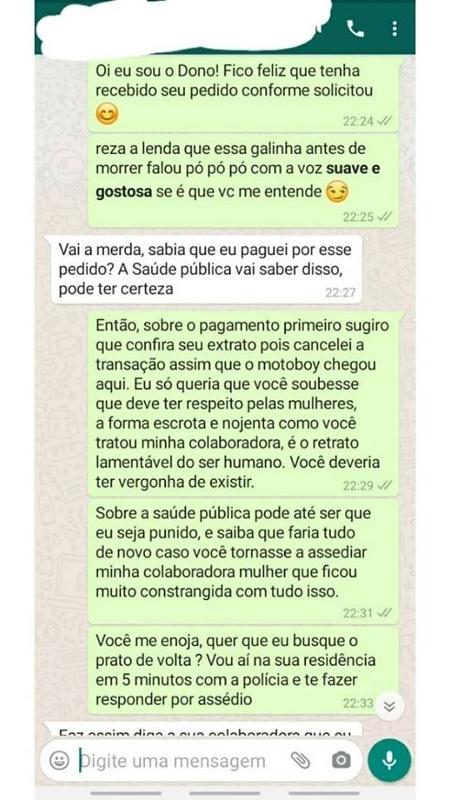 Dono de restaurante responde a cliente que assediou uma de suas funcionárias - Arquivo pessoal