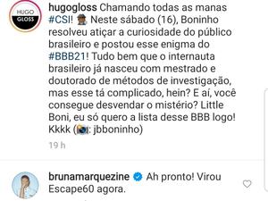 Bruna Marquezine comentou em post de Hugo Gloss sobre enigma do BBB 21 - Reprodução/Instagram - Reprodução/Instagram