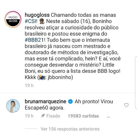 Bruna Marquezine comentou em post de Hugo Gloss sobre enigma do BBB 21 - Reprodução/Instagram