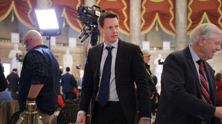 24.fev.2026 - David Ellison, presidente da Paramount Skydance, durante discurso Estado da União, proferido pelo presidente Donald Trump, em Washington (EUA)