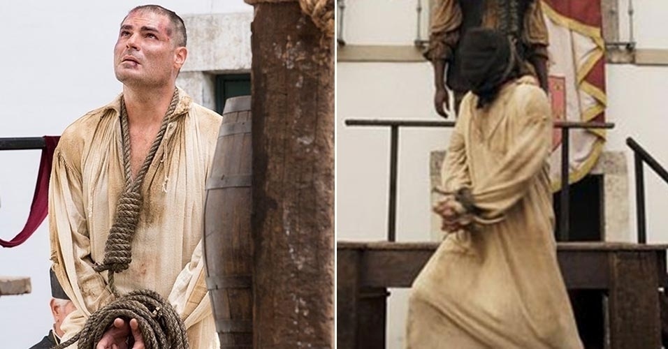 Logo no primeiro capítulo de "Liberdade, Liberdade", Tiradentes (Thiago Lacerda) foi enforcado na frente da população e da filha, Joaquina (Mel Lisboa - Reprodução/GShow