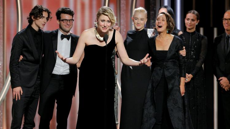 Greta Gerwig, diretora de Lady Bird, discursa após o filme ganhar o Globo de Ouro de melhor comédia ou musical -  Paul Drinkwater/Courtesy of NBC/Handout via REUTERS -  Paul Drinkwater/Courtesy of NBC/Handout via REUTERS