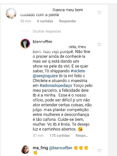 Bianca Bin rebate seguidora que pediu para ela tomar cuidado com Paolla Oliveira - Reprodução/Instagram - Reprodução/Instagram