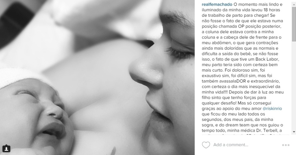 28.jun.2015 - Quase uma semana após dar à luz, Fernanda Machado mostrou em seu Instagram o rostinho do bebê Lucca em uma foto tirada logo após o parto, que durou 18 horas