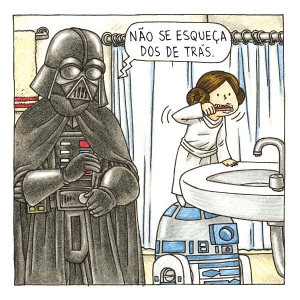 Na HQ "A Princesinha de Vader", paizão inspeciona se a pequena Leia está escovando os dentinhos corretamente. Obra é inspirada nas próprias experiências do artista Jeffrey Brown