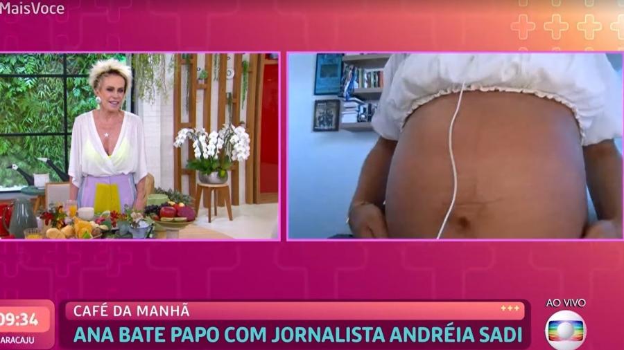 Andréia Sadi mostrou a barriga da gravidez de gêmeos com André Rizek - Reprodução/TV Globo