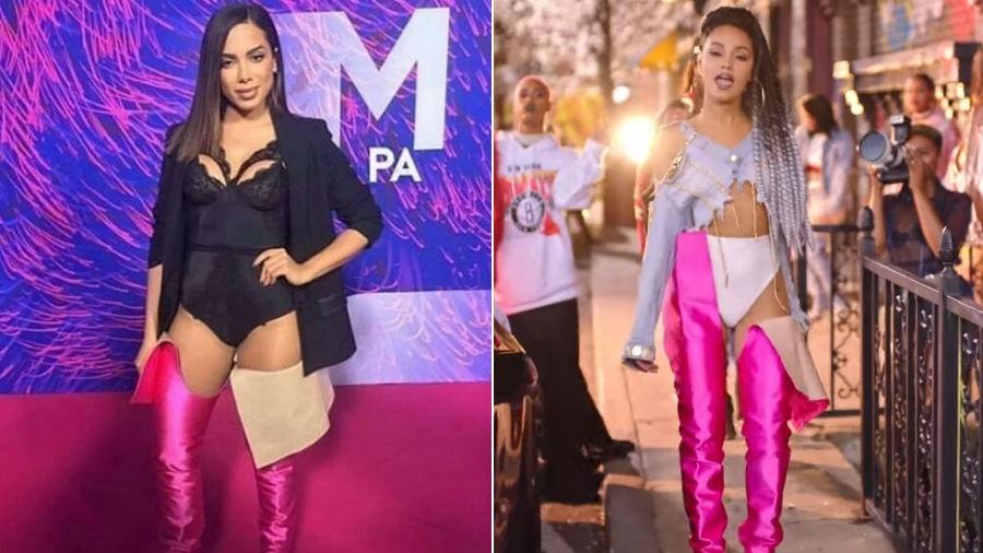 Cantora da banda Little Mix é comparada a Anitta ao usar bota rosa de cano alto - Fotomontagem/UOL