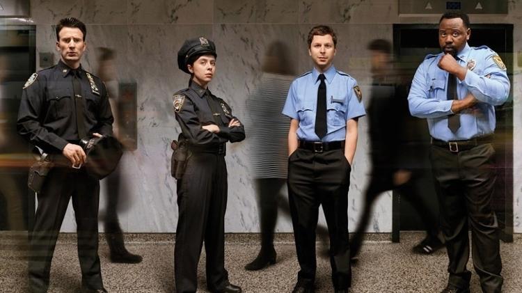 Chris Evans, Bel Powley, Michael Cera e Brian Tyree Henry na peça "Lobby Hero" - Reprodução - Reprodução