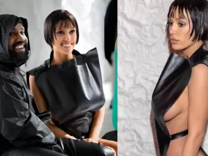 Bianca Censori, esposa de Kanye West, ousa em look sem calça e com recortes