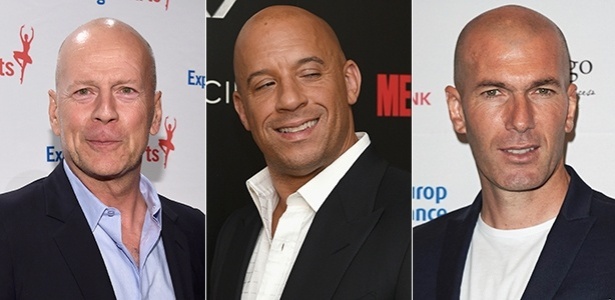 Bruce Willis (à esq.), Vin Diesel (ao centro) e Zinédine Zidane (à dir.) compõem o time dos carecas estilosos - Getty Images