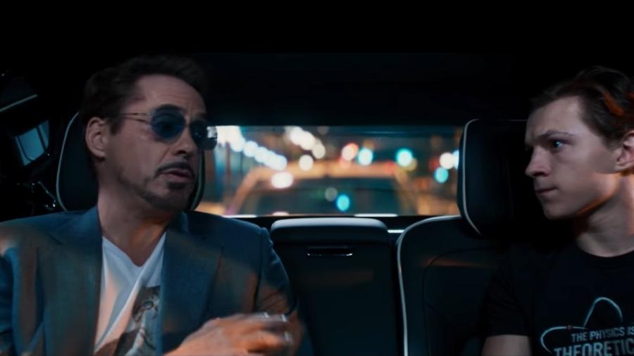 Robert Downey Jr como Tony Stark e Tom Holland como Peter Parker em cena de Homem-Aranha: De Volta ao Lar - Reprodução /YouTube /Sony