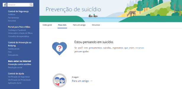 O Centro de Prevenção ao Suicídio do Facebook - Reprodução/Facebook - Reprodução/Facebook