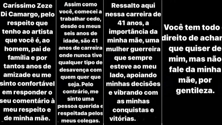 Mensagens de Rodrigo Faro para Zeze Di Camargo pedindo respeito a sua mãe - Reprodução/Instagram - Reprodução/Instagram