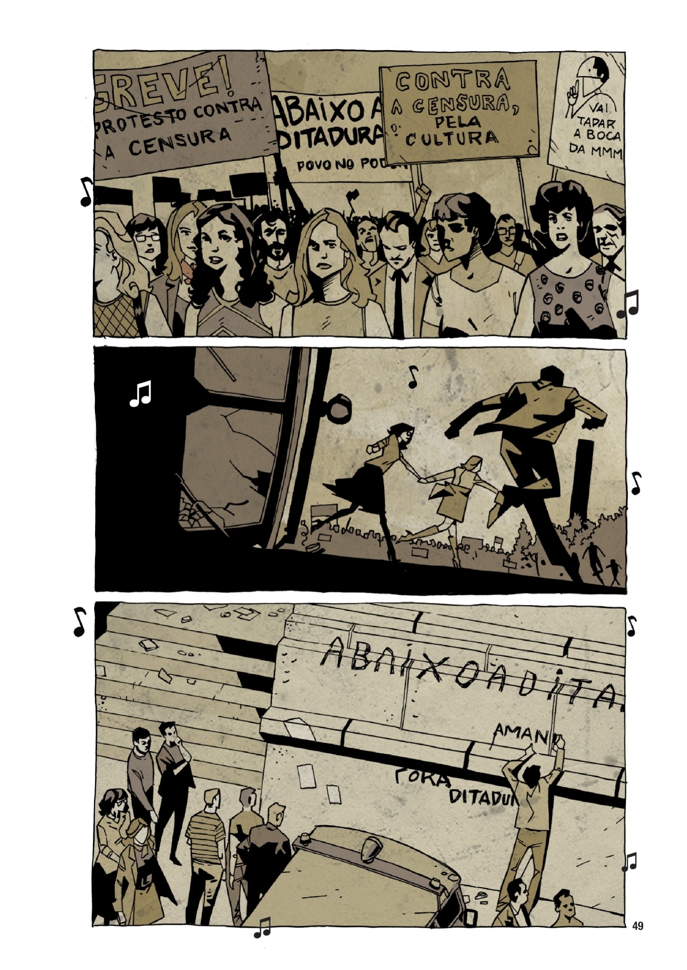 Cenas da graphic novel "Ditadura no Ar - Coração Selvagem" dos autores Raphael Fernandes e Rafael Vasconcellos - Divulgação