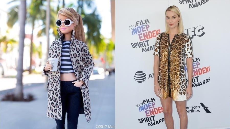 Nenhuma das duas faz a linha básica na hora de se vestir, especialmente em um evento especial. Margot cruzou o tapete vermelho de um festival de cinema independente, em 2018, com a clássica estampa de leopardo, que a Barbie, sua mais nova personagem, já usou diversas vezes - Reprodução/Instragram/Getty Images