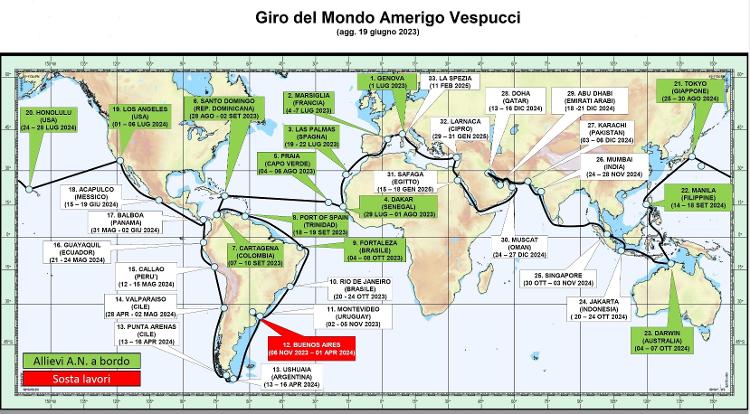 Mapa do tour do veleiro militar italiano Amerigo Vespucci pelo mundo