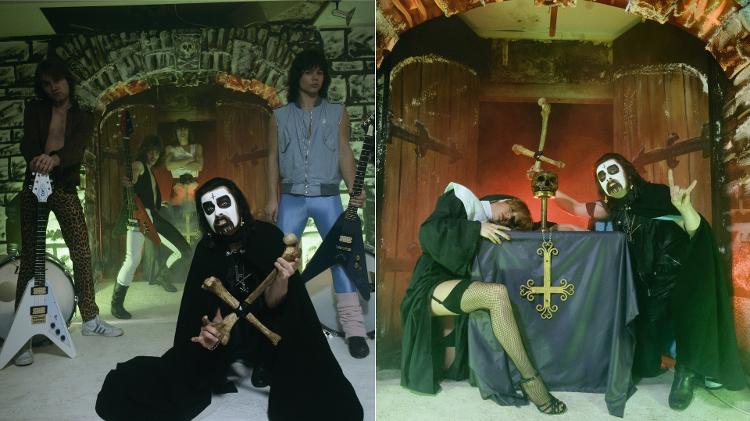 A banda Mercyful Fate em fotos de 1983; na primeira, o grupo completo; na segunda, King Diamond posa com freira em altar a Satanás