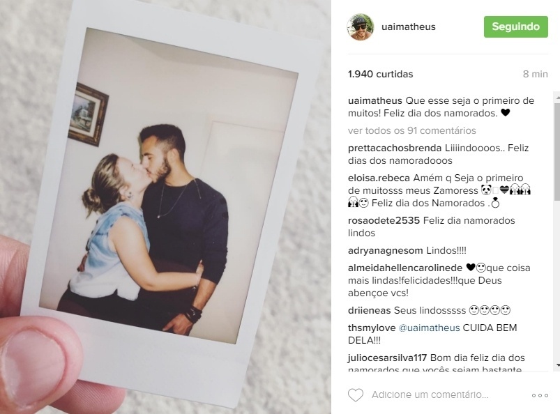 12.jun.2016 - Casal formado no "BBB16", Cacau e Matheus passam primeiro Dia dos Namorados juntos - Reprodução/Instargam/uaimatheus