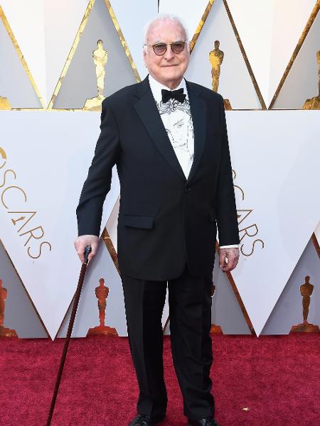 O roteirista James Ivory, indicado ao Oscar por "Me Chame pelo seu Nome", usa camisa com o rosto de seu colega de filme, o ator Timothée Chalamet - Frazer Harrison/Getty Images