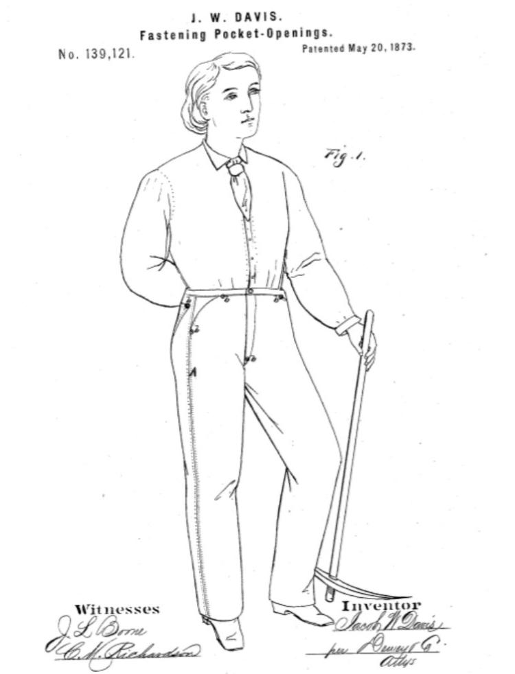 Ilustração enviada por Jacob Davis para patentear o uso de rebite em calças jeans; recurso já era utilizado anteriormente em sapatos Ilustração enviada por Jacob Davis para patentear o uso de rebite em calças jeans; recurso já era utilizado anteriormente em sapatos