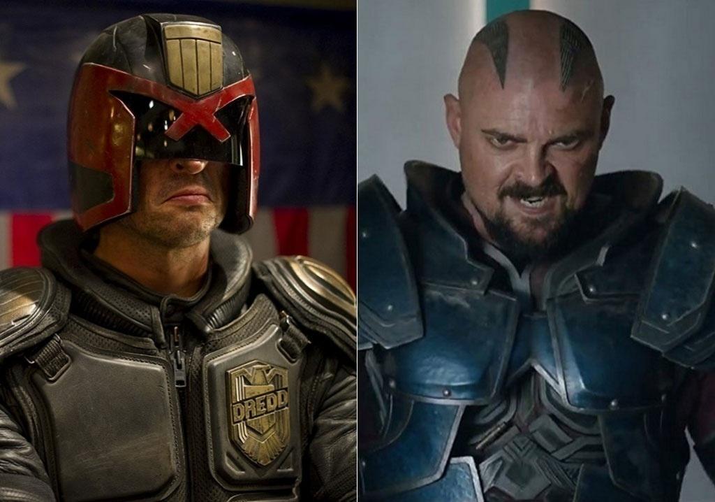 Karl Urban em cena nos filmes "Dredd" (2012) e "Thor: Ragnarok" (2017) - Divulgação