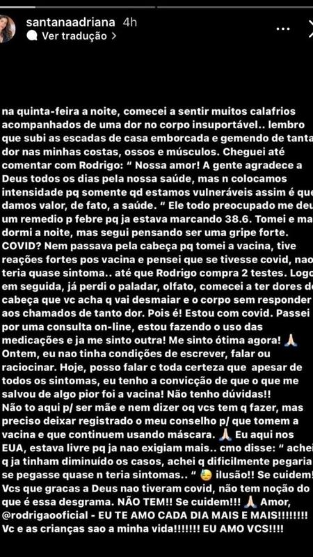 Adriana Sant'anna revela estar com covid - Reprodução/Instagram  - Reprodução/Instagram 