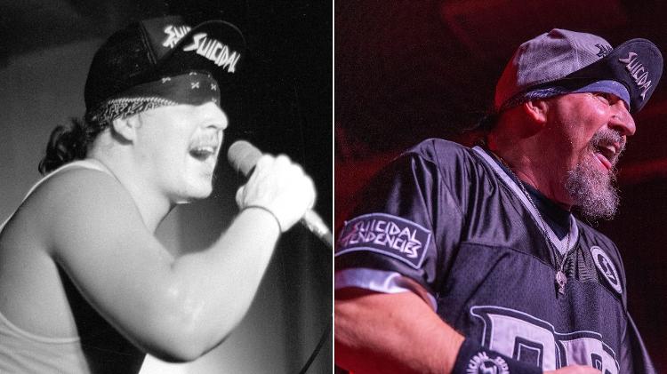 Mike Muir, vocalista do Suicidal Tendencies, em 1987 e em 2023: boné era novo