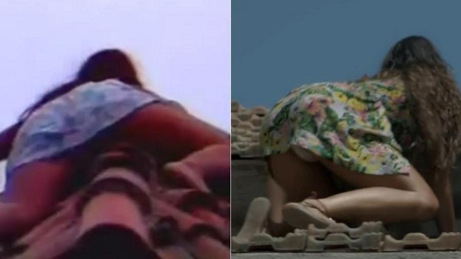 À esquerda, Sônia Braga sobe em telhado em "Gabriela" (1975); à direita, Isis Valverde em "A Força do Querer" (2017) - Montagem/Reprodução/TV Globo