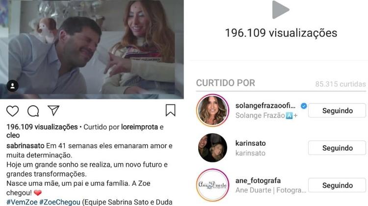 Post do anúncio da chegada de Zoe, filha de Sabrina Sato e Duda Nagle, tem mais de 80 mil curtidas, 196 mil visualizações e 4500 comentários em 10 minutos  - Reprodução/Instagram - Reprodução/Instagram