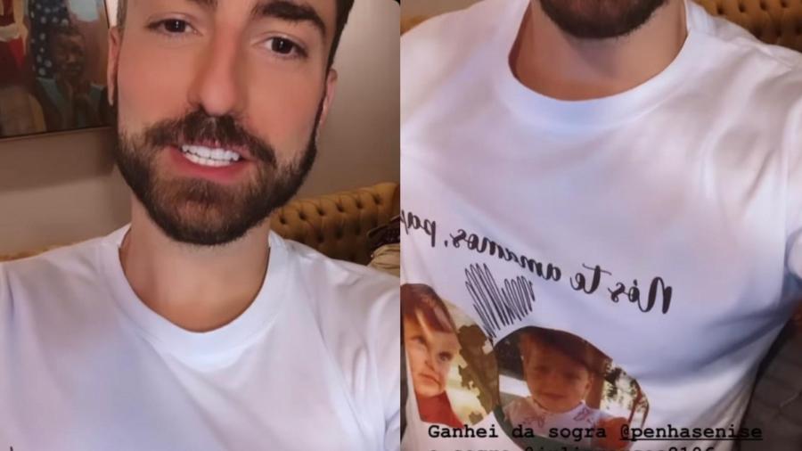 Thales mostra camiseta com a foto dos filhos que ganhou no Dia dos Pais - Reprodução/Instagram